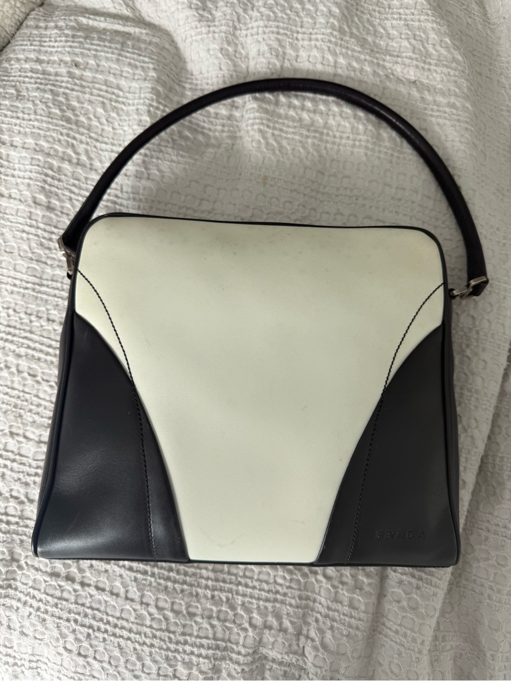 Prada Black and White Leather Shoulder Bag with Curved Contrast Panels